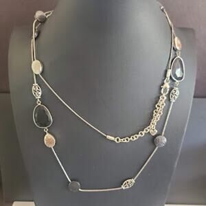 Brighton Long Station Necklace Silver Tone Black Stones Filigree Accents Layered
